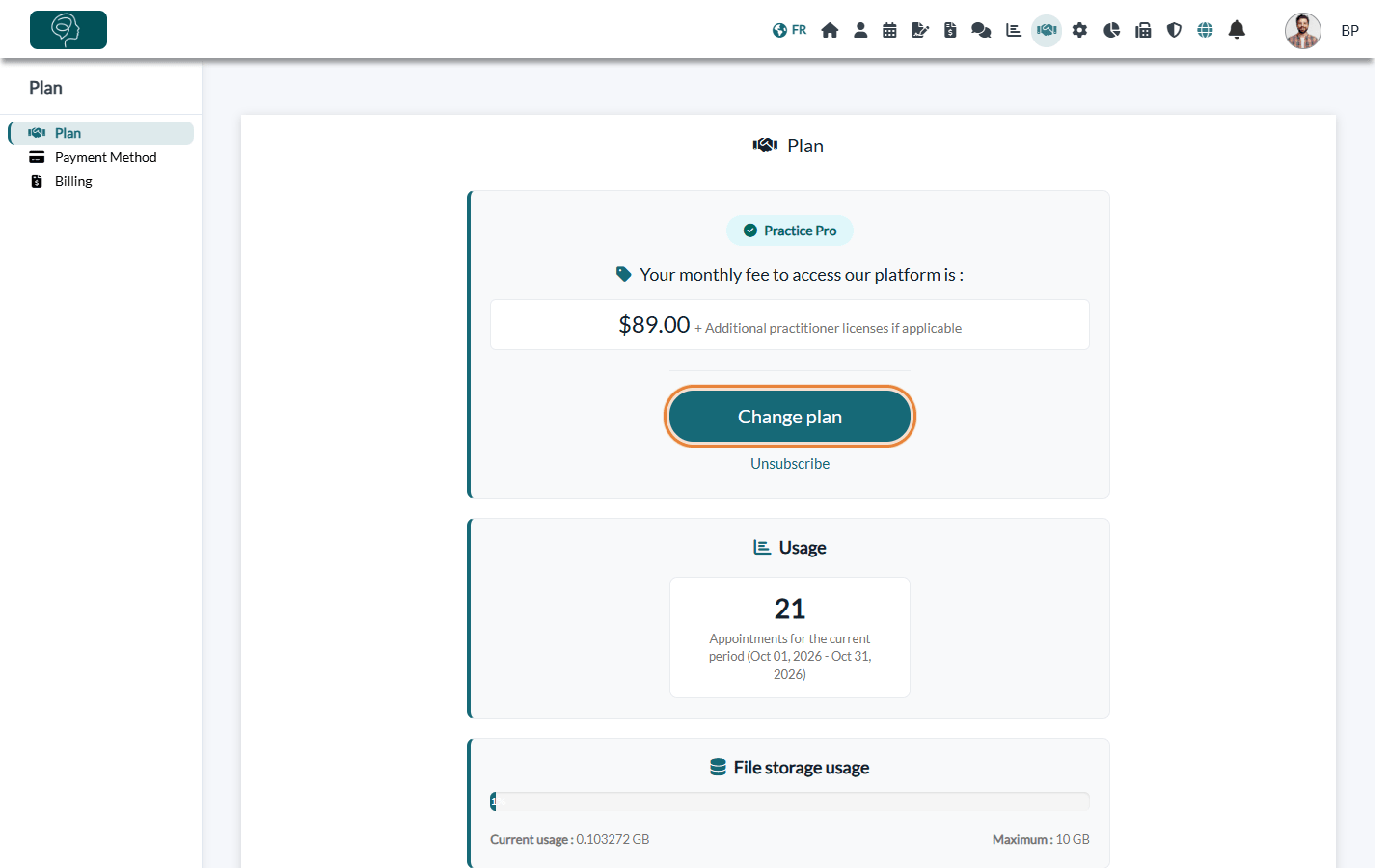 Plan tab with the Change plan button