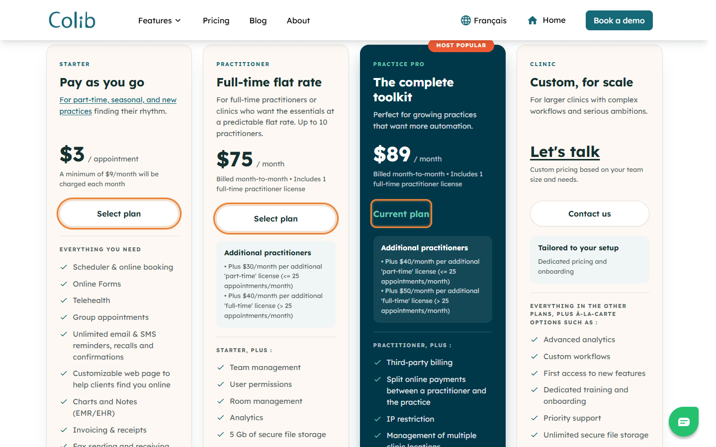 Pricing page with the Select plan buttons and the current plan