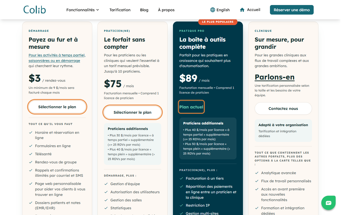 Page des tarifs avec les boutons Sélectionner le plan et le plan actuel