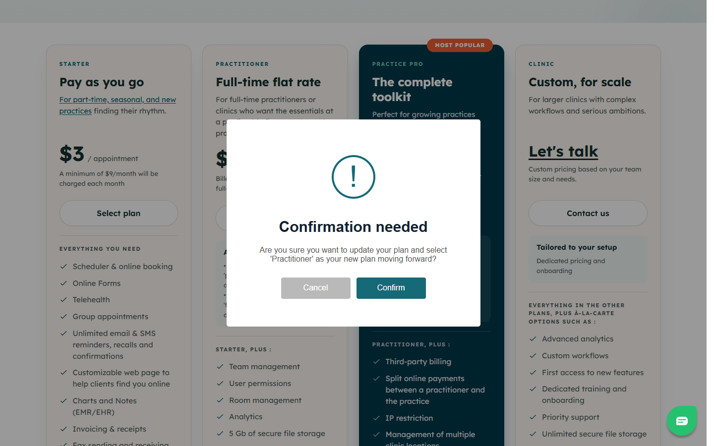 Confirmation window before changing plan