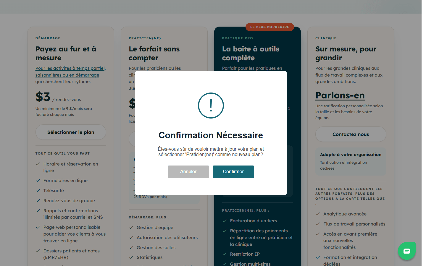 Fenêtre de confirmation avant le changement de forfait