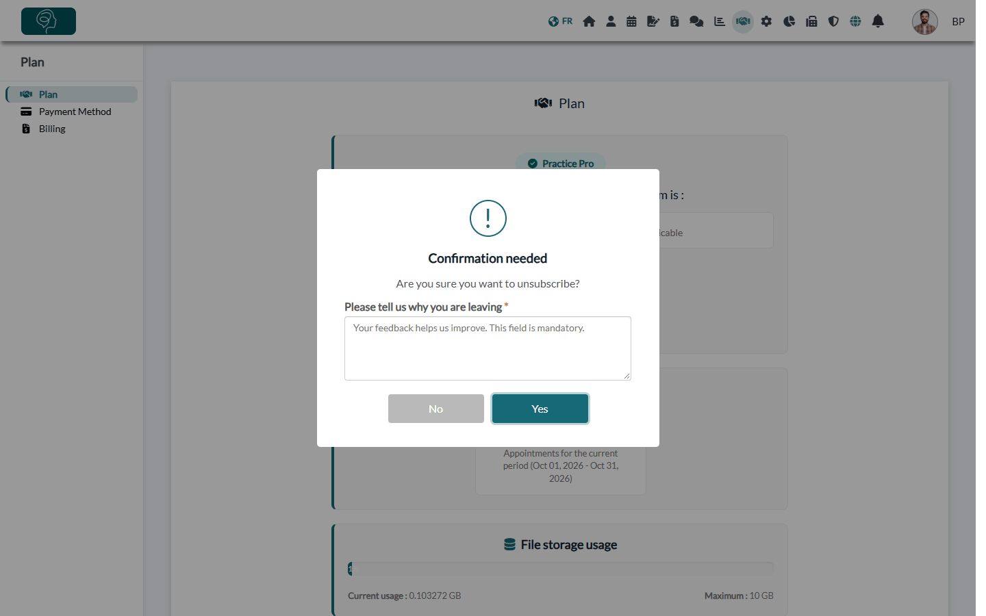 Unsubscribe confirmation window with the reason field