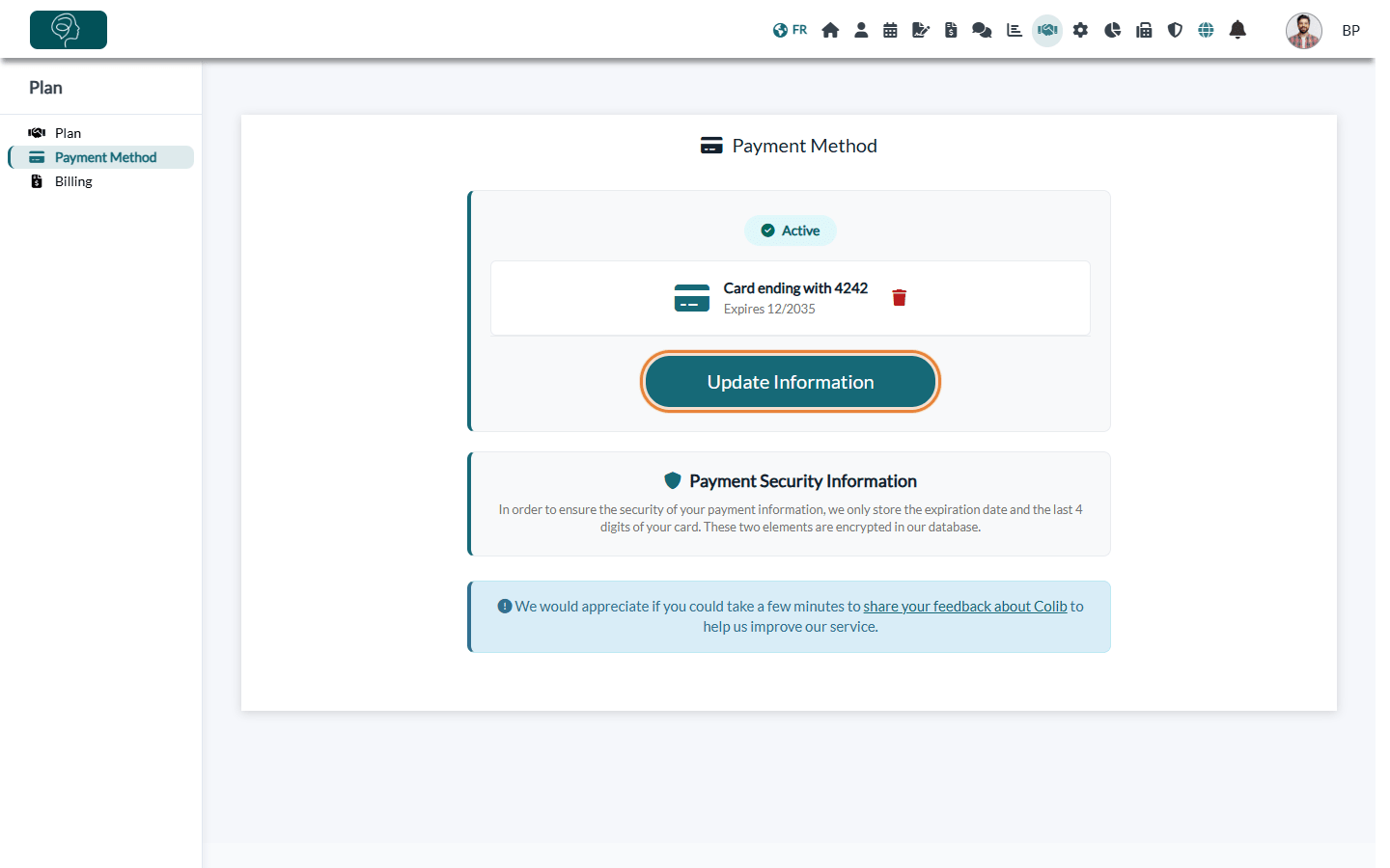 Payment Method tab with the saved card and the Update Information button