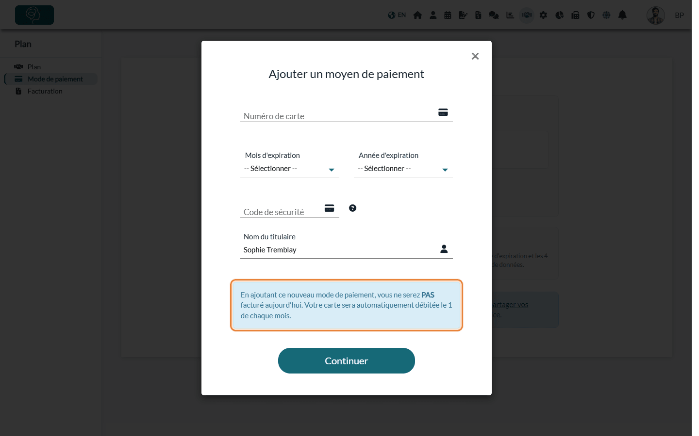 Fenêtre Ajouter un moyen de paiement