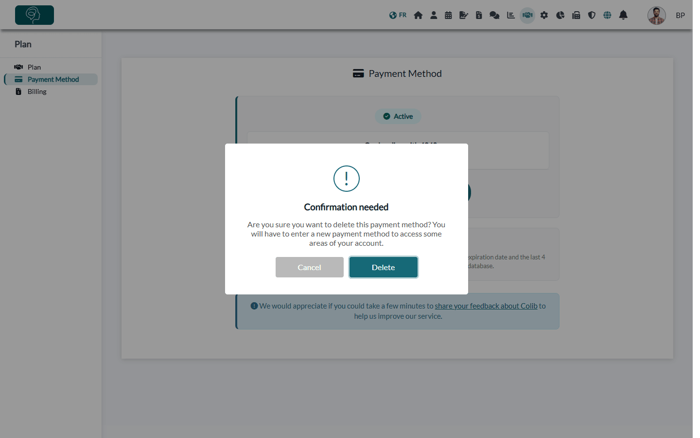 Confirmation window before deleting the payment method