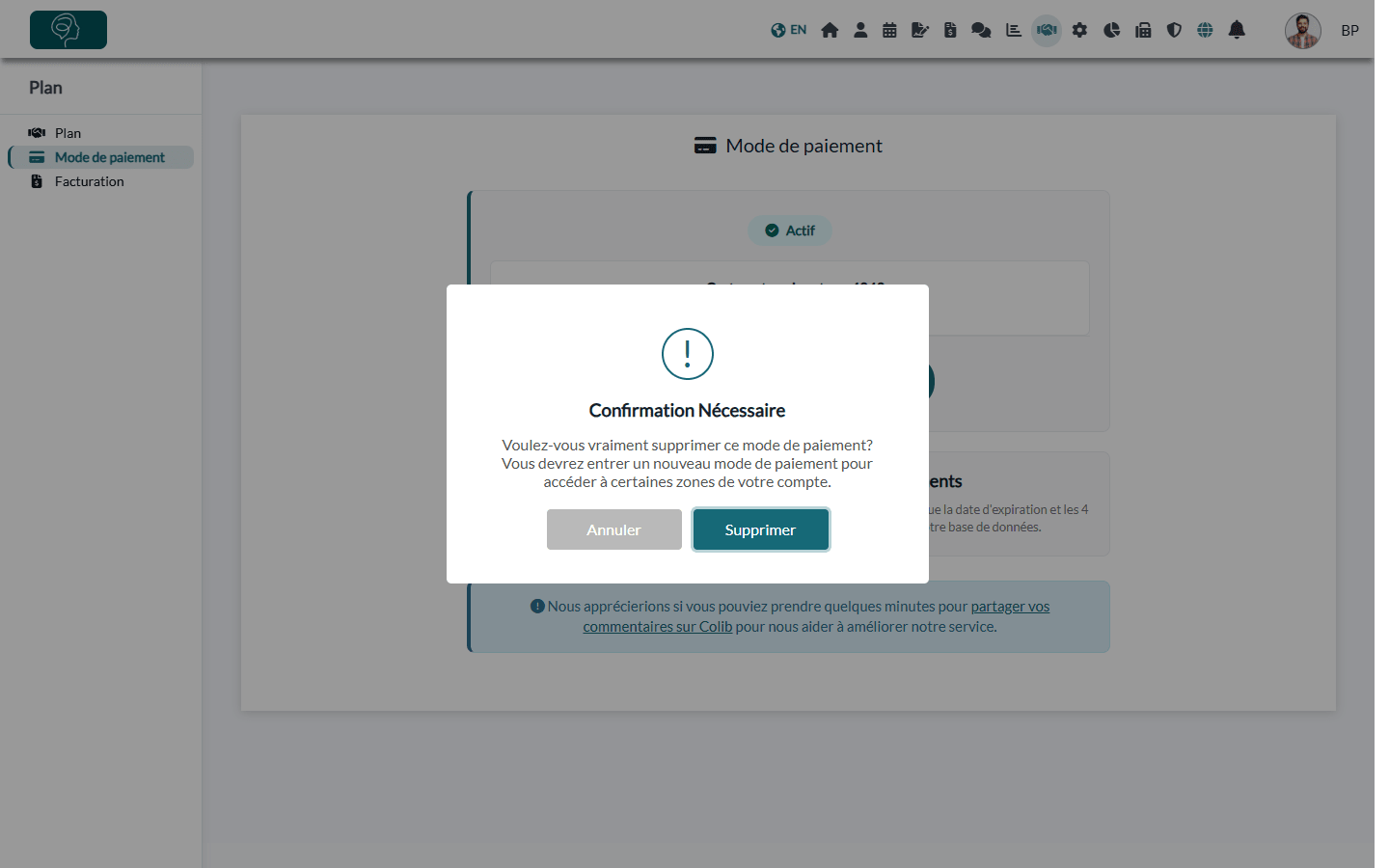 Fenêtre de confirmation avant la suppression du mode de paiement