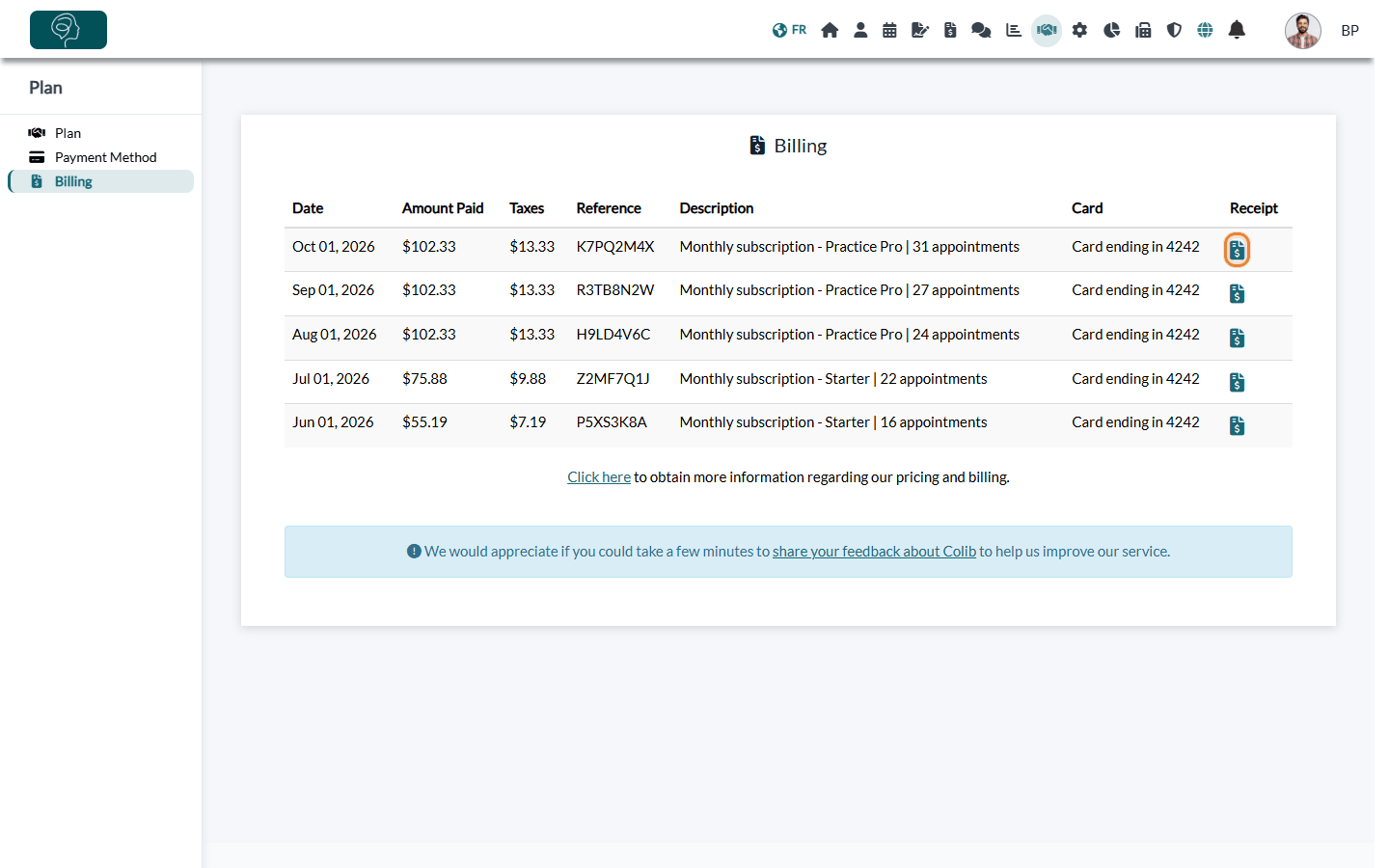 Billing tab with the list of monthly payments and their receipts