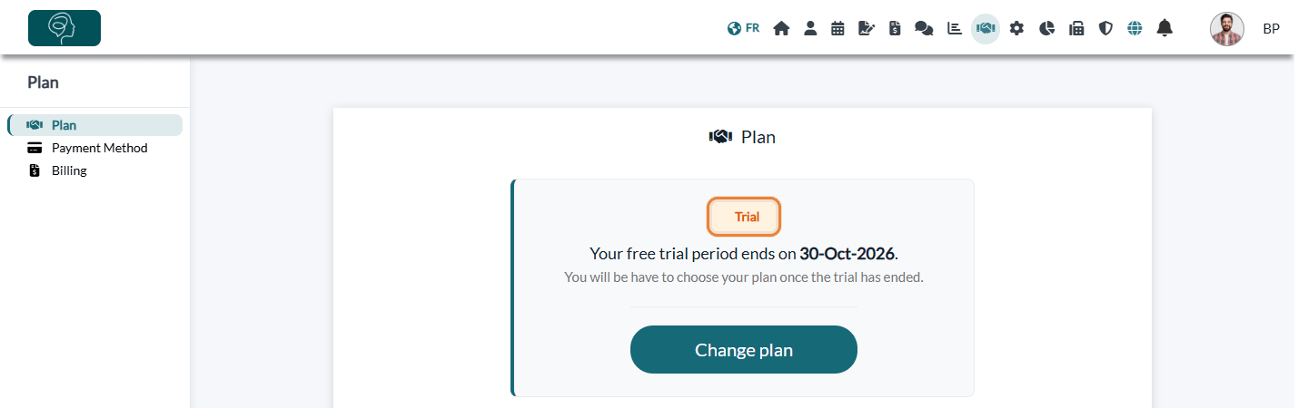 Plan tab during the free trial with the Trial badge and the end date of the trial