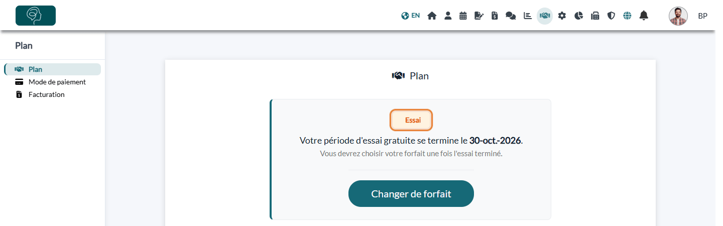 Onglet Plan pendant l'essai gratuit avec le badge Essai et la date de fin de l'essai