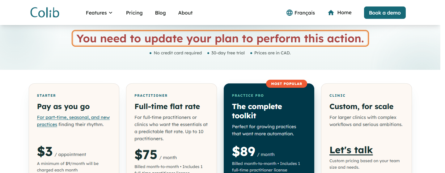 Pricing page with the message You need to update your plan to perform this action