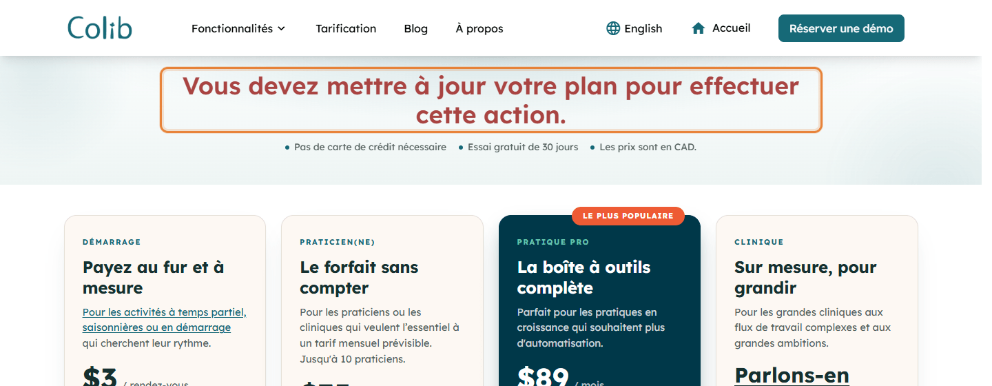 Page des tarifs avec le message Vous devez mettre à jour votre plan pour effectuer cette action