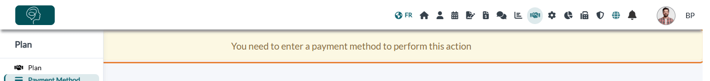 Payment Method tab with the message You need to enter a payment method to perform this action