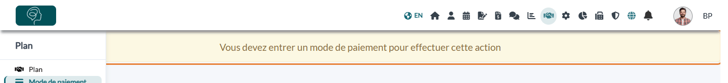 Onglet Mode de paiement avec le message Vous devez entrer un mode de paiement pour effectuer cette action