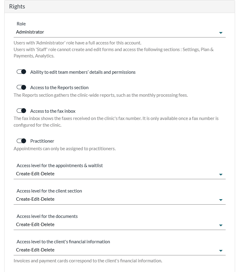 Rights section of a team member: role, switches and first access levels