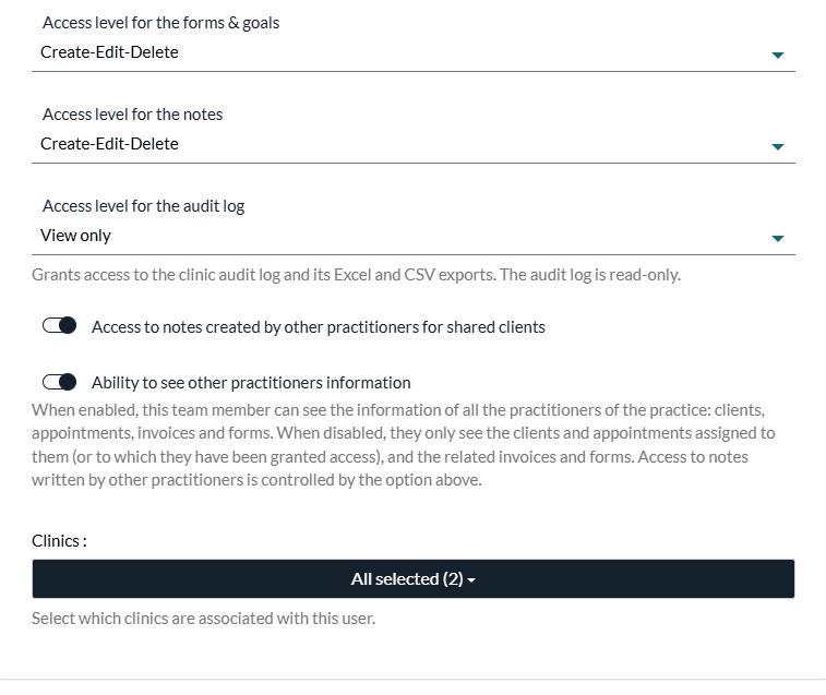 Last access levels, visibility options and clinics of a team member