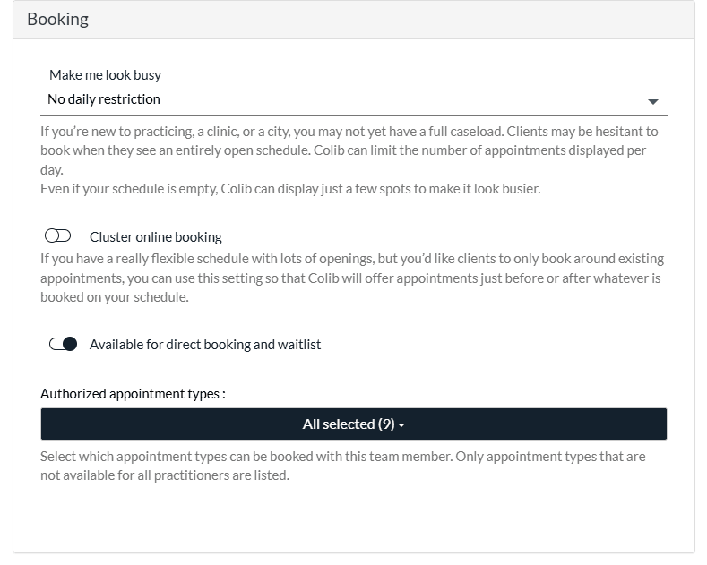 Booking section of a practitioner