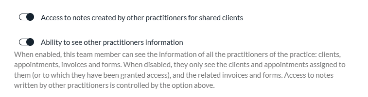 Ability to see other practitioners information option in the rights of a team member