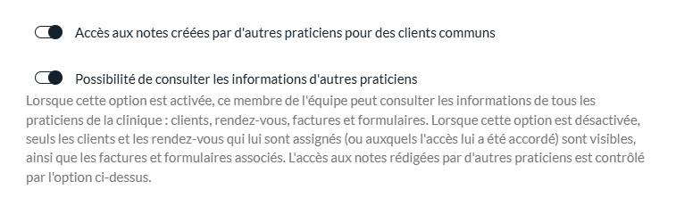 Option Possibilité de consulter les informations d'autres praticiens dans les droits d'un membre de l'équipe