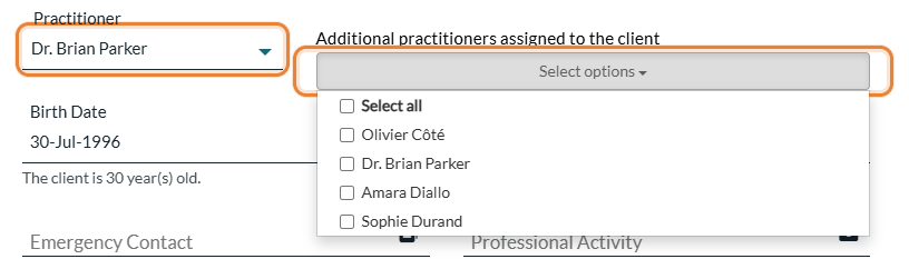 Practitioner field and list of additional practitioners in the client record