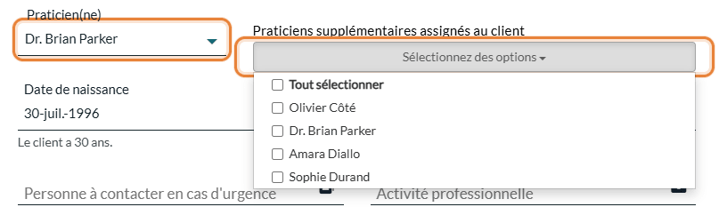 Champ Praticien(ne) et liste des praticiens supplémentaires dans le dossier client