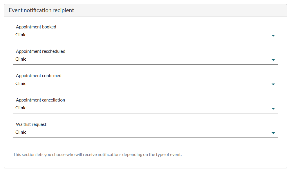 Event notification recipient section in Settings > Communications