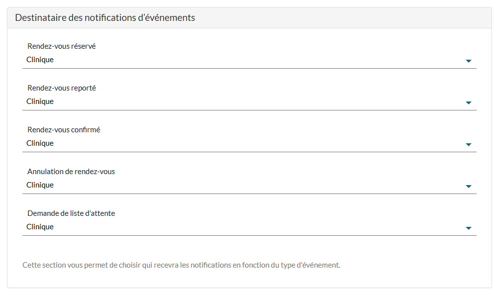 Section Destinataire des notifications d'événements dans Réglages > Communications
