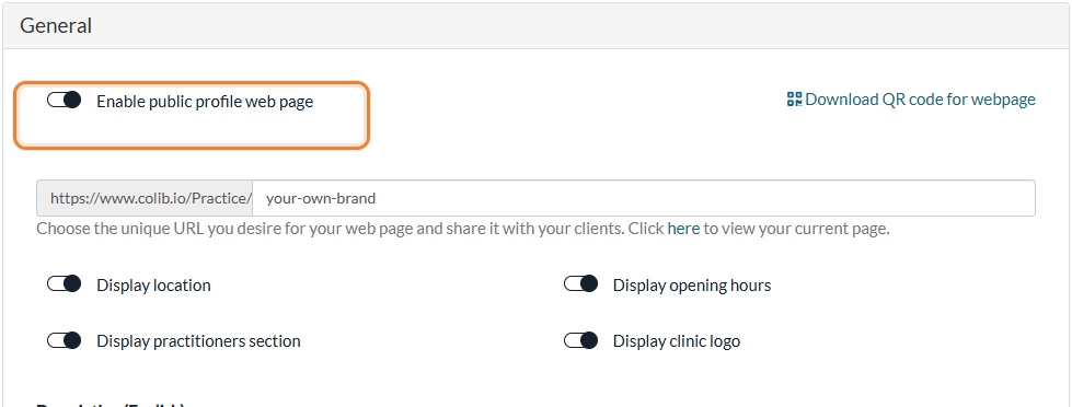 General section of Settings > Public Page: switch, address of the page and display options