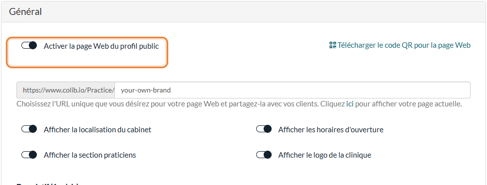 Section Général de Réglages > Page Publique : activation, adresse de la page et options d'affichage