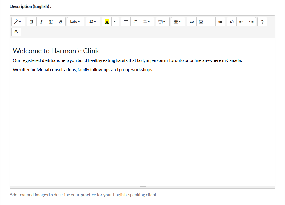 Description editor of the public page