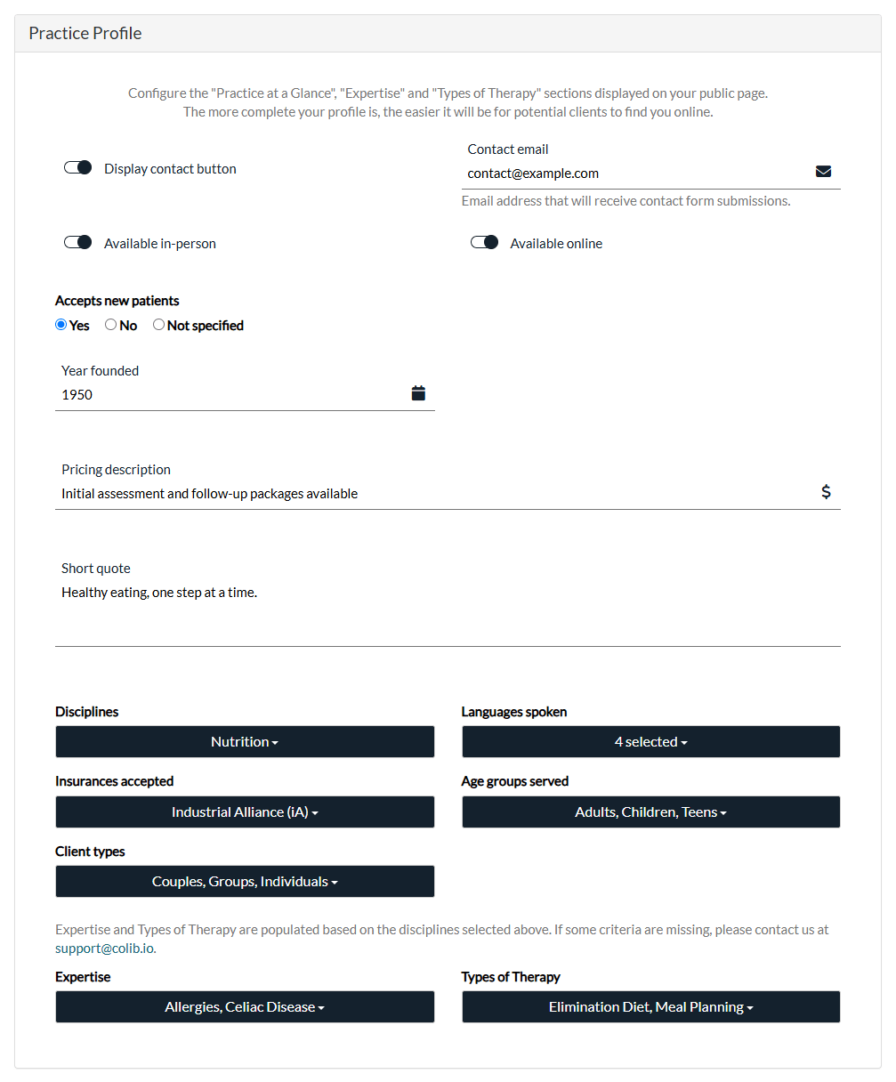 Practice Profile section: contact button, availability, pricing, disciplines, expertise and types of therapy