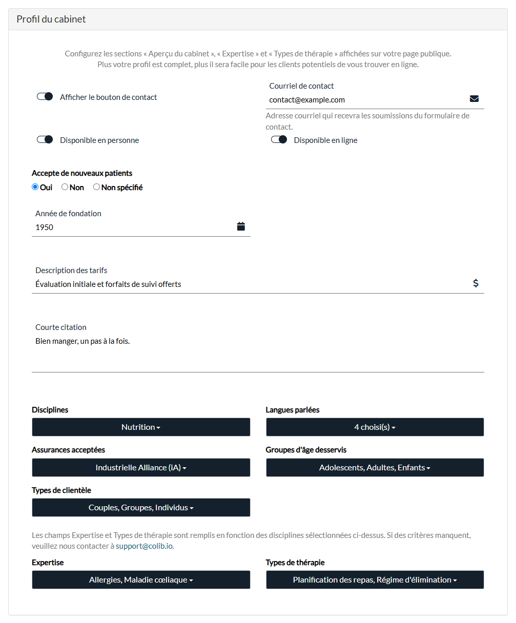 Section Profil du cabinet : bouton de contact, disponibilité, tarifs, disciplines, expertise et types de thérapie