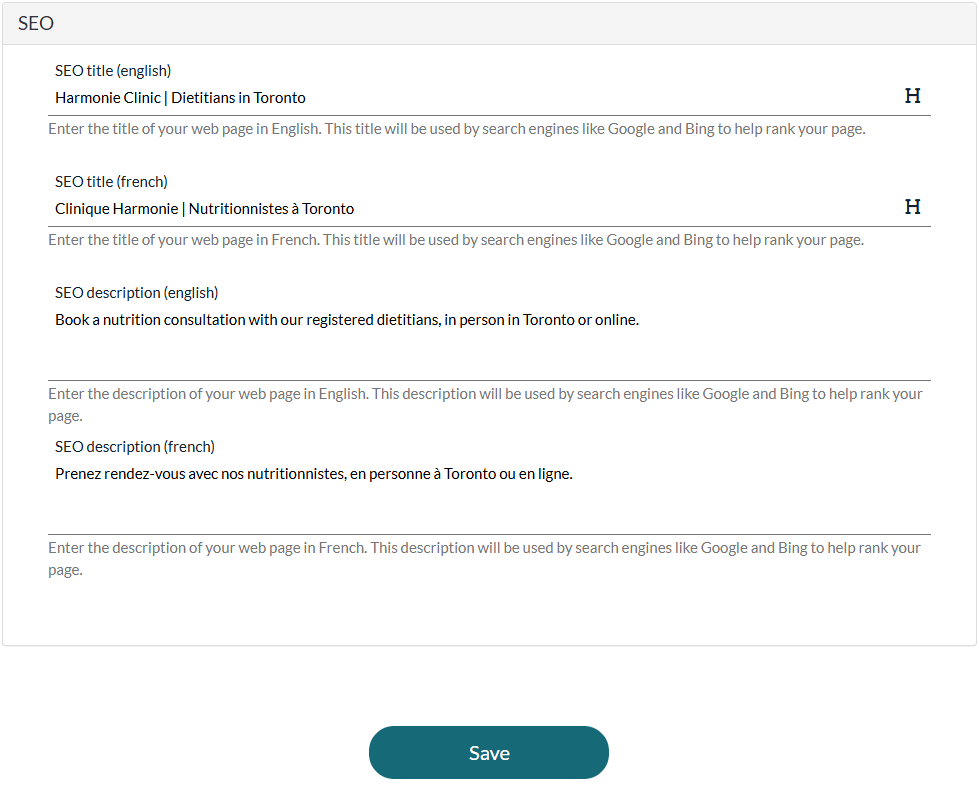 SEO section and Save button of the public page settings