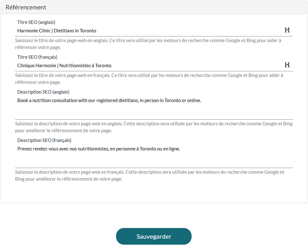 Section Référencement et bouton Sauvegarder des réglages de la page publique