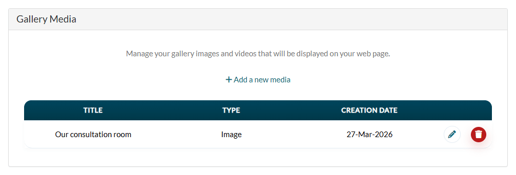 Gallery Media section with the Add a new media link