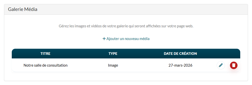 Section Galerie Média avec le lien Ajouter un nouveau média