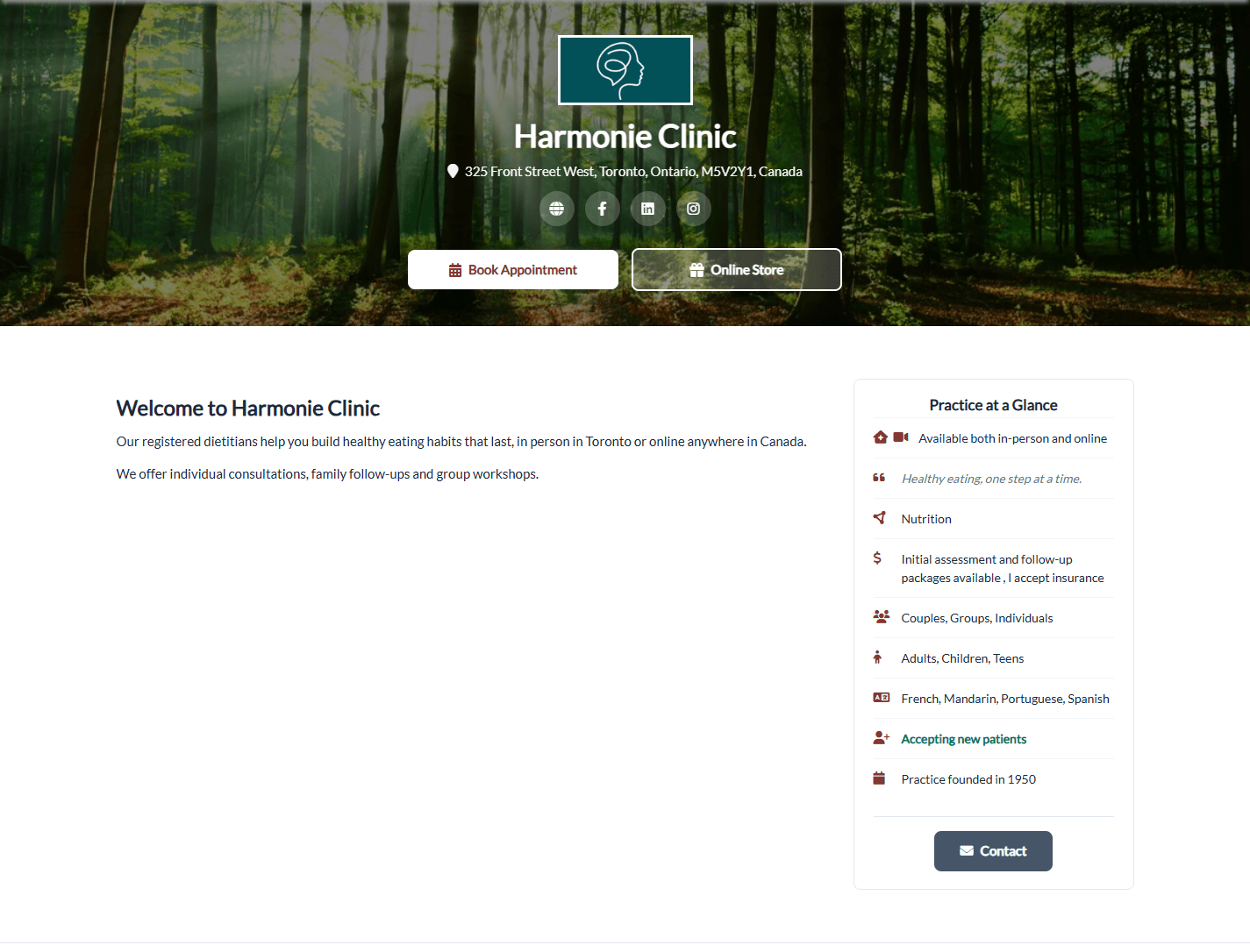 Top of a public page: practice name, address, Book Appointment button, description and Practice at a Glance