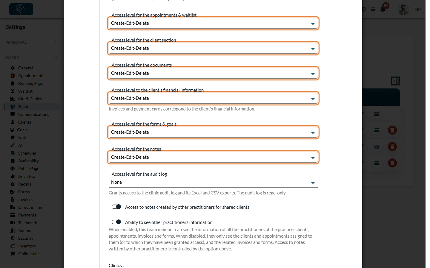 Access levels in the Rights section of a team member