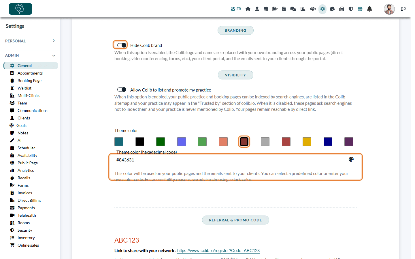 Branding section with the Hide Colib brand option, the theme color palette and the hexadecimal code field