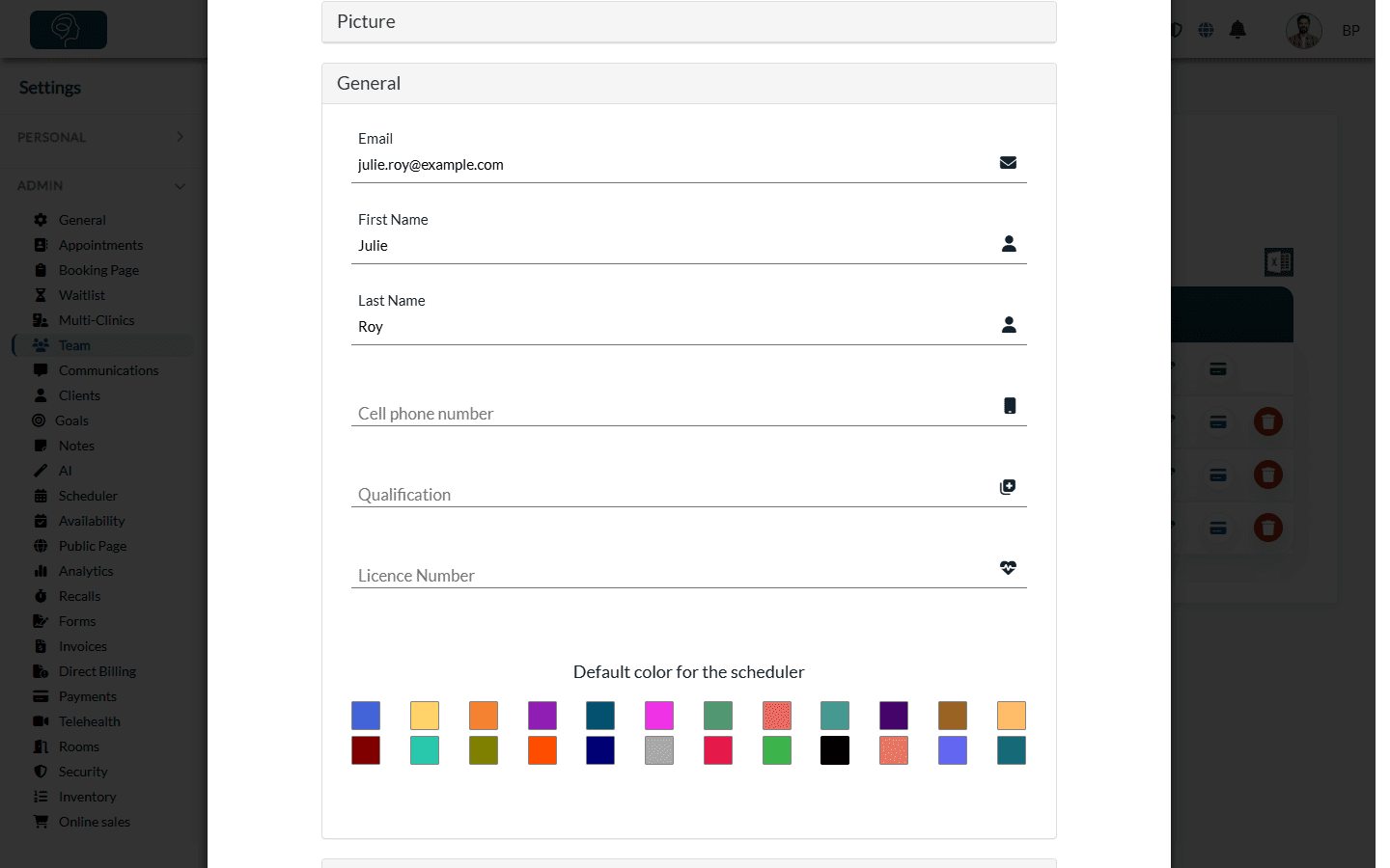 General section of the Team Member Creation window