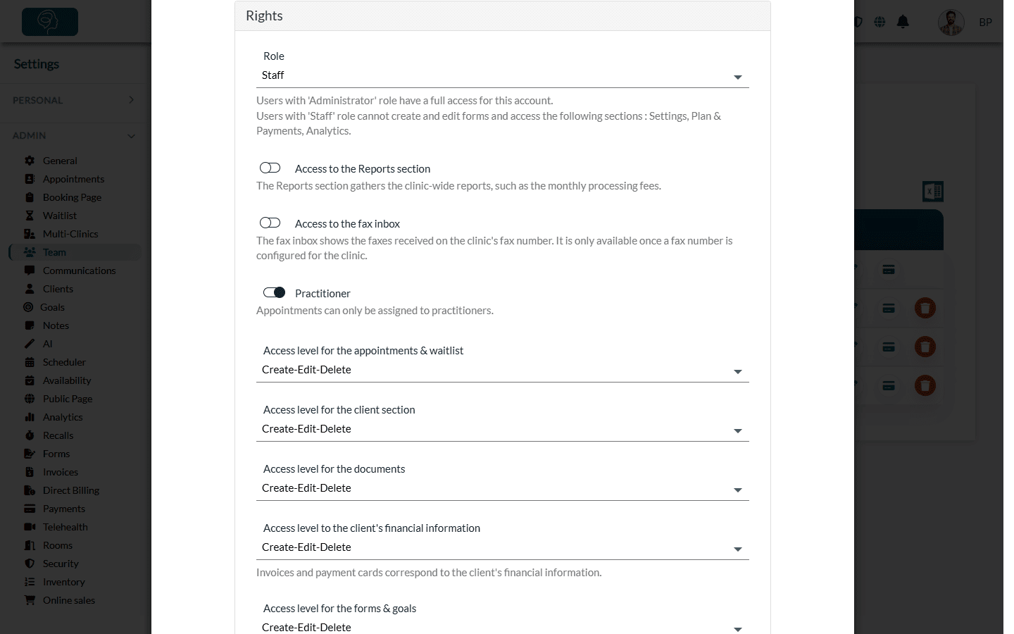 Rights section with the role and the Practitioner option
