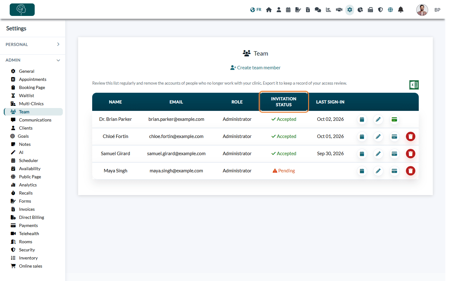Invitation Status column of the team list