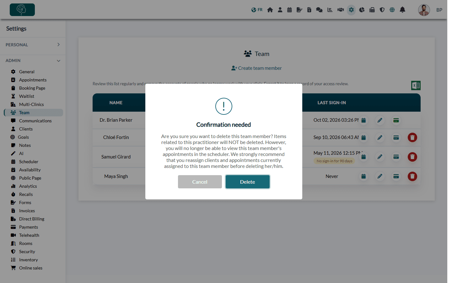 Confirmation needed window with the Cancel and Delete buttons