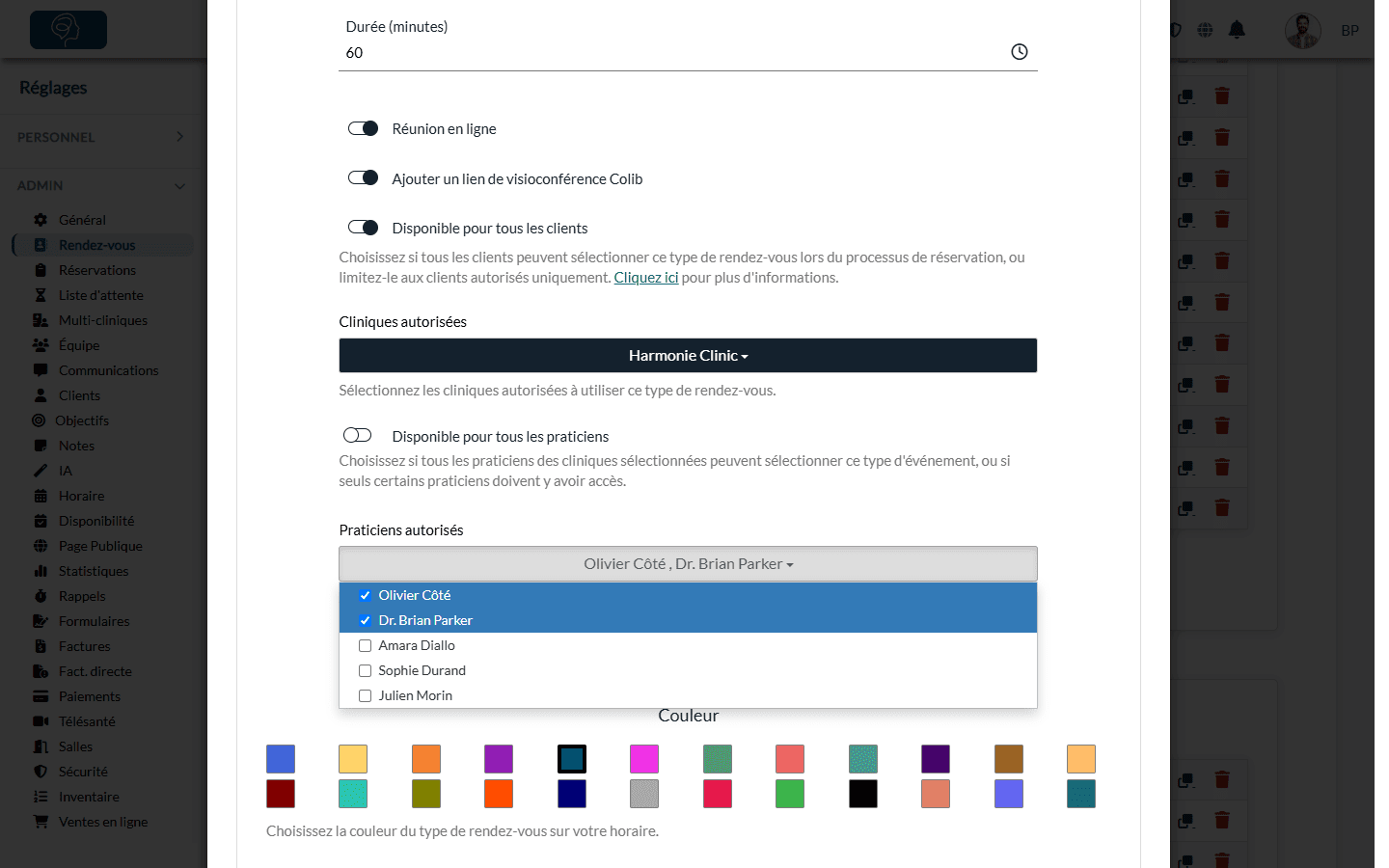 Disponible pour tous les praticiens désactivé et liste Praticiens autorisés dans un type de rendez-vous