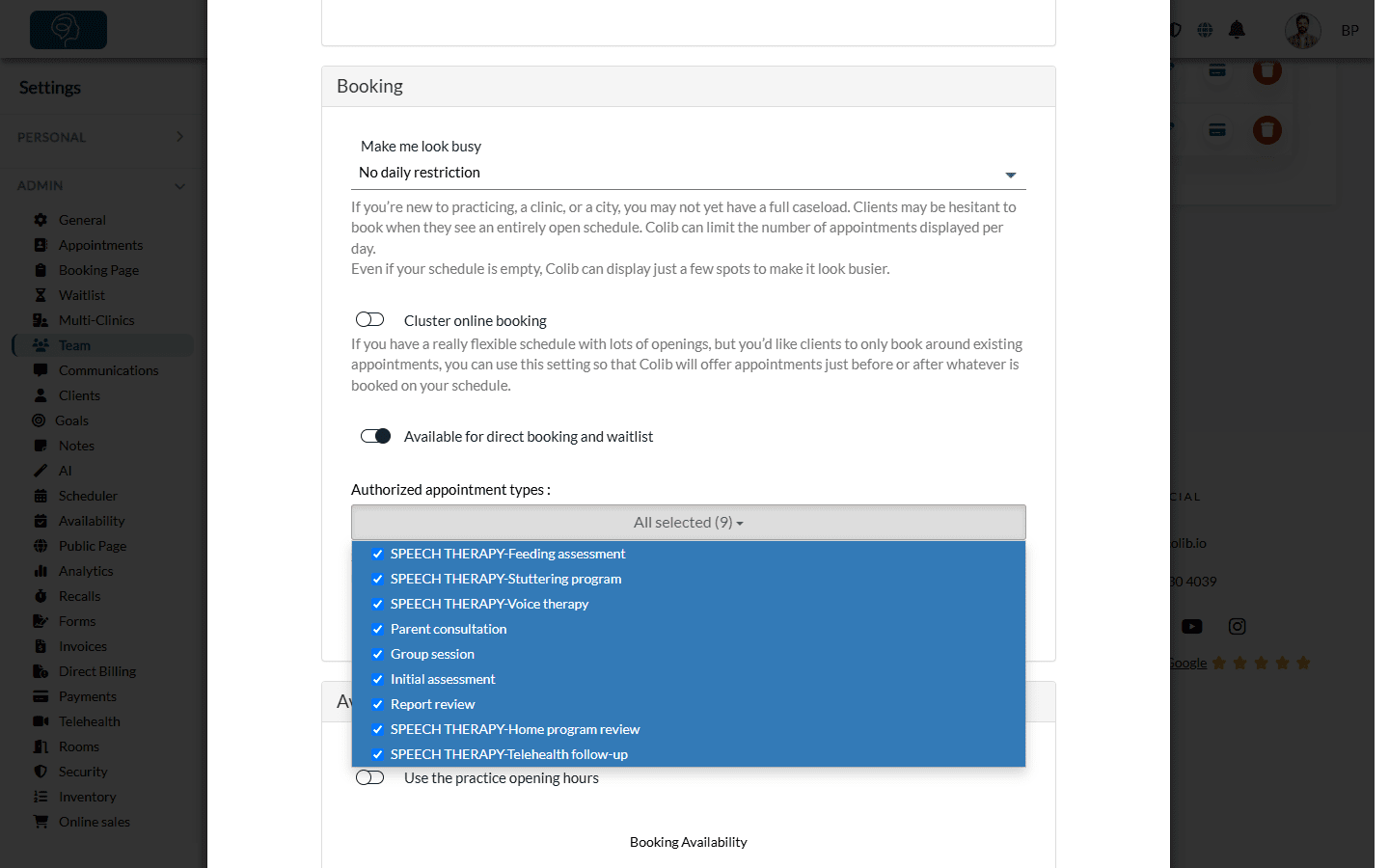 Authorized appointment types list in the Booking section of a team member