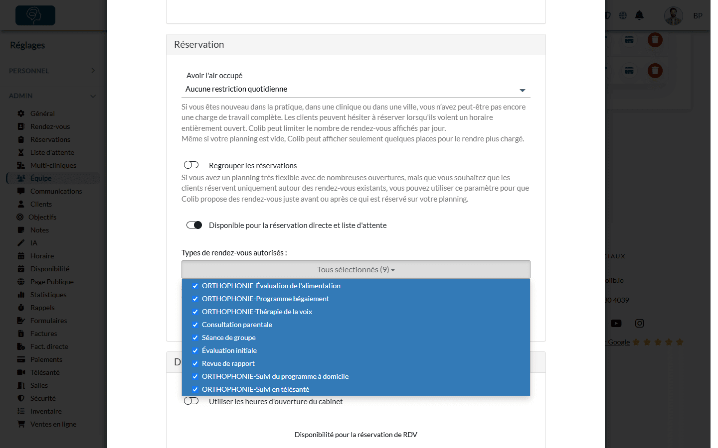 Liste Types de rendez-vous autorisés dans la section Réservation d'un membre de l'équipe
