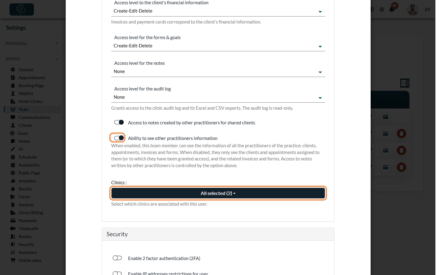 Ability to see other practitioners information and Clinics field in the Rights section