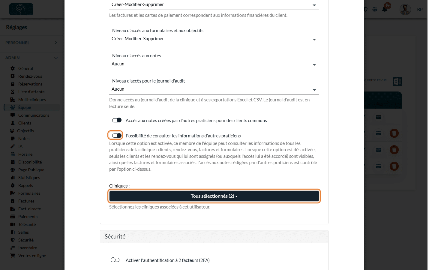Possibilité de consulter les informations d'autres praticiens et champ Cliniques dans la section Droits