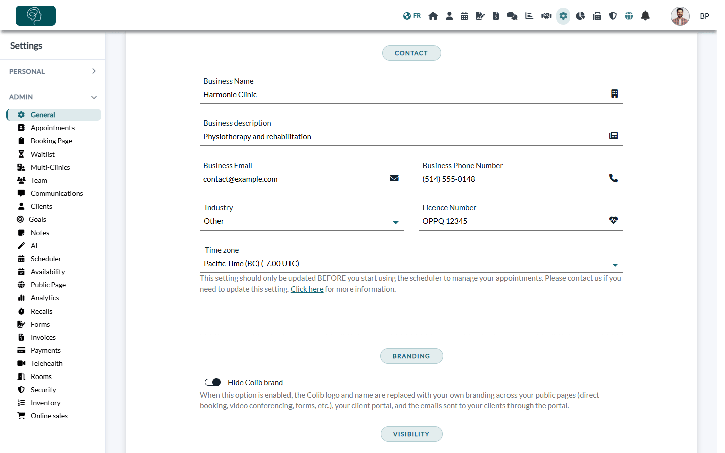 Contact section: business name, description, email, phone, industry, licence number and time zone