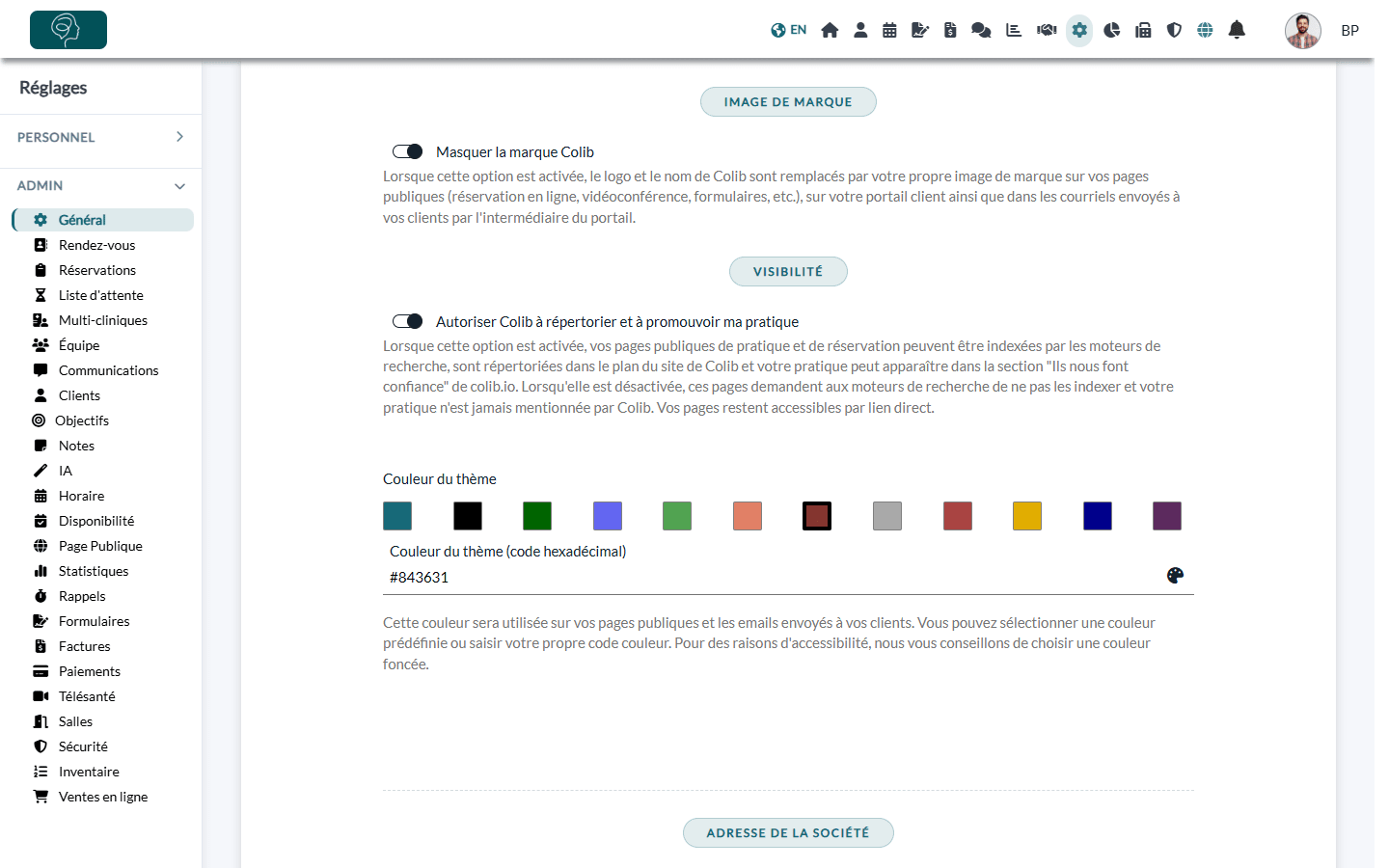 Options Image de marque et Visibilité, et palette de couleurs du thème
