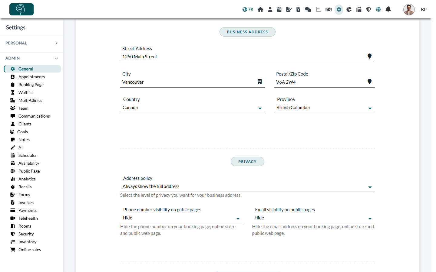 Business Address and Privacy sections